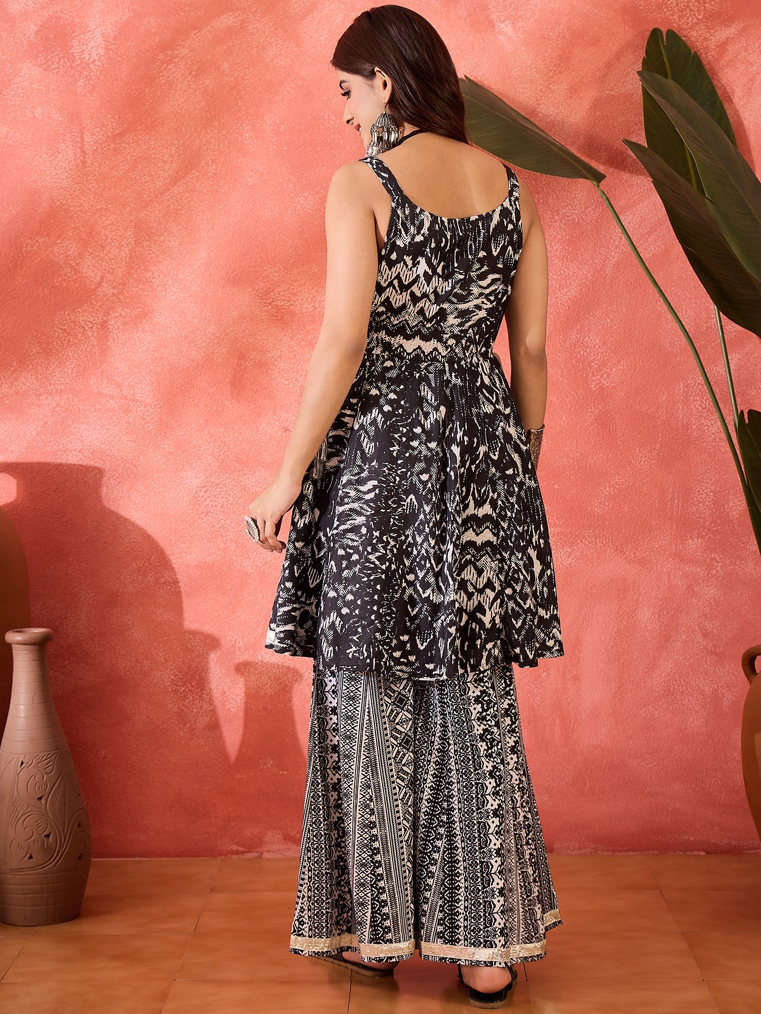 Black & Silver Printed Peplum Kurti with Palazzo Set – Ethnic Co-Ord Outfit for Women