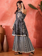 Black & Silver Printed Peplum Kurti with Palazzo Set – Ethnic Co-Ord Outfit for Women