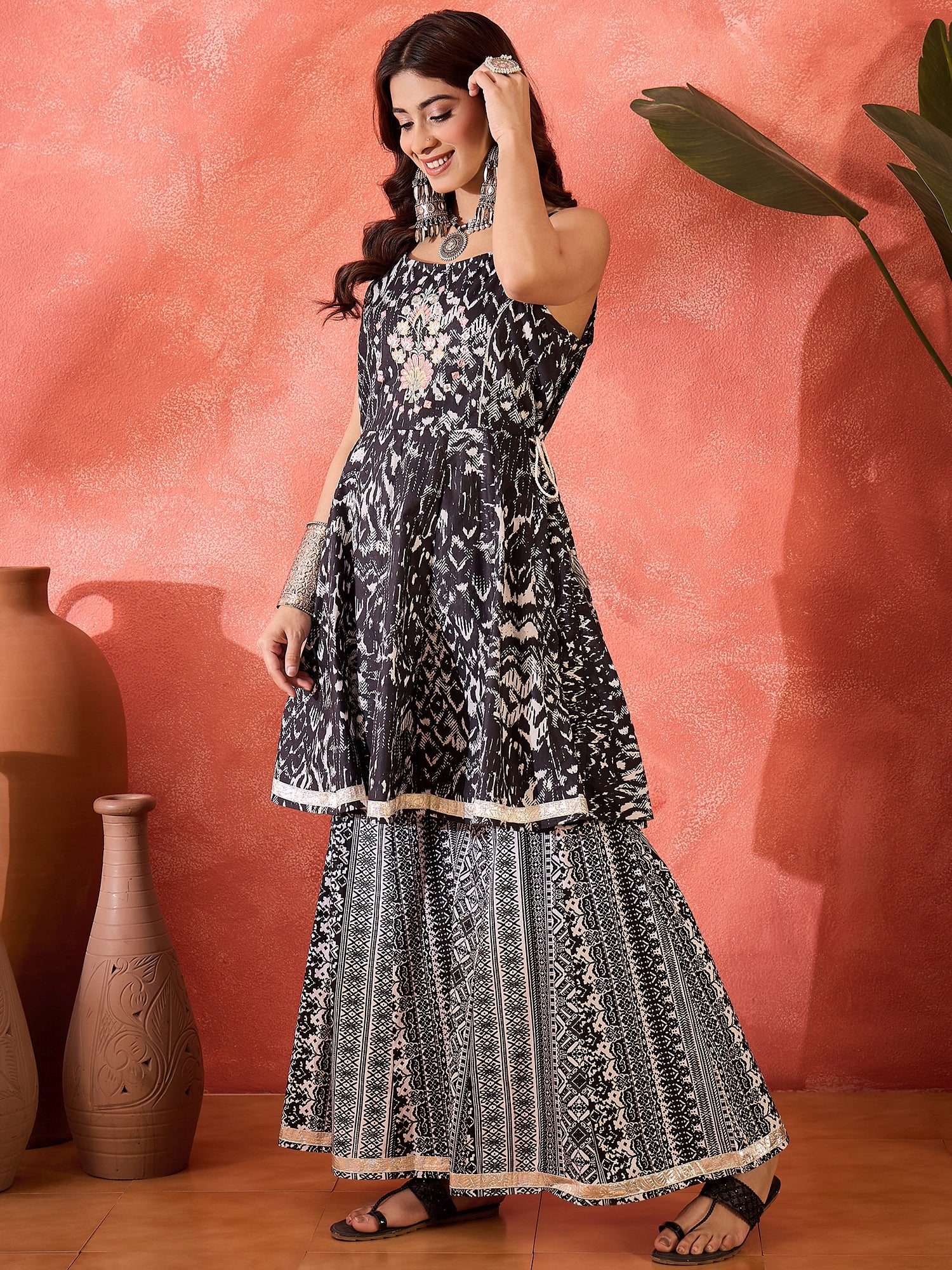 Black & Silver Printed Peplum Kurti with Palazzo Set – Ethnic Co-Ord Outfit for Women