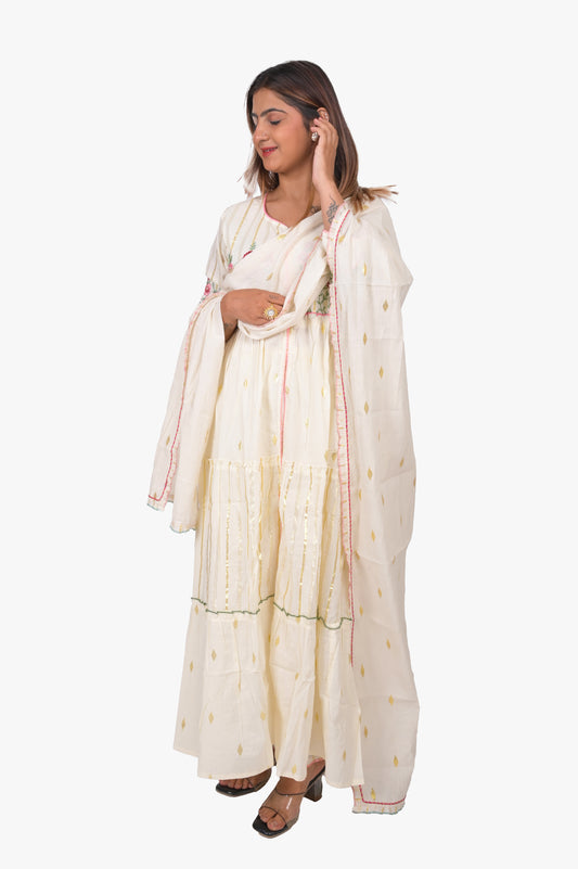 Cotton Lurex Kurta Pant & Dupatta Set, Floral Embroidery, Off-White