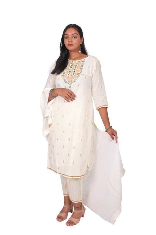 Women's Embroidered Cotton Lurex Kurta Set with Dupatta, Off-White