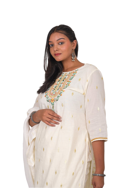 Women's Embroidered Cotton Lurex Kurta Set with Dupatta, Off-White