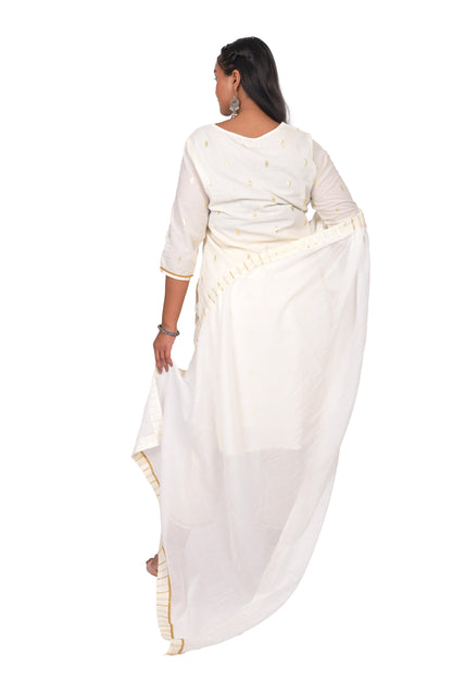 Women's Embroidered Cotton Lurex Kurta Set with Dupatta, Off-White