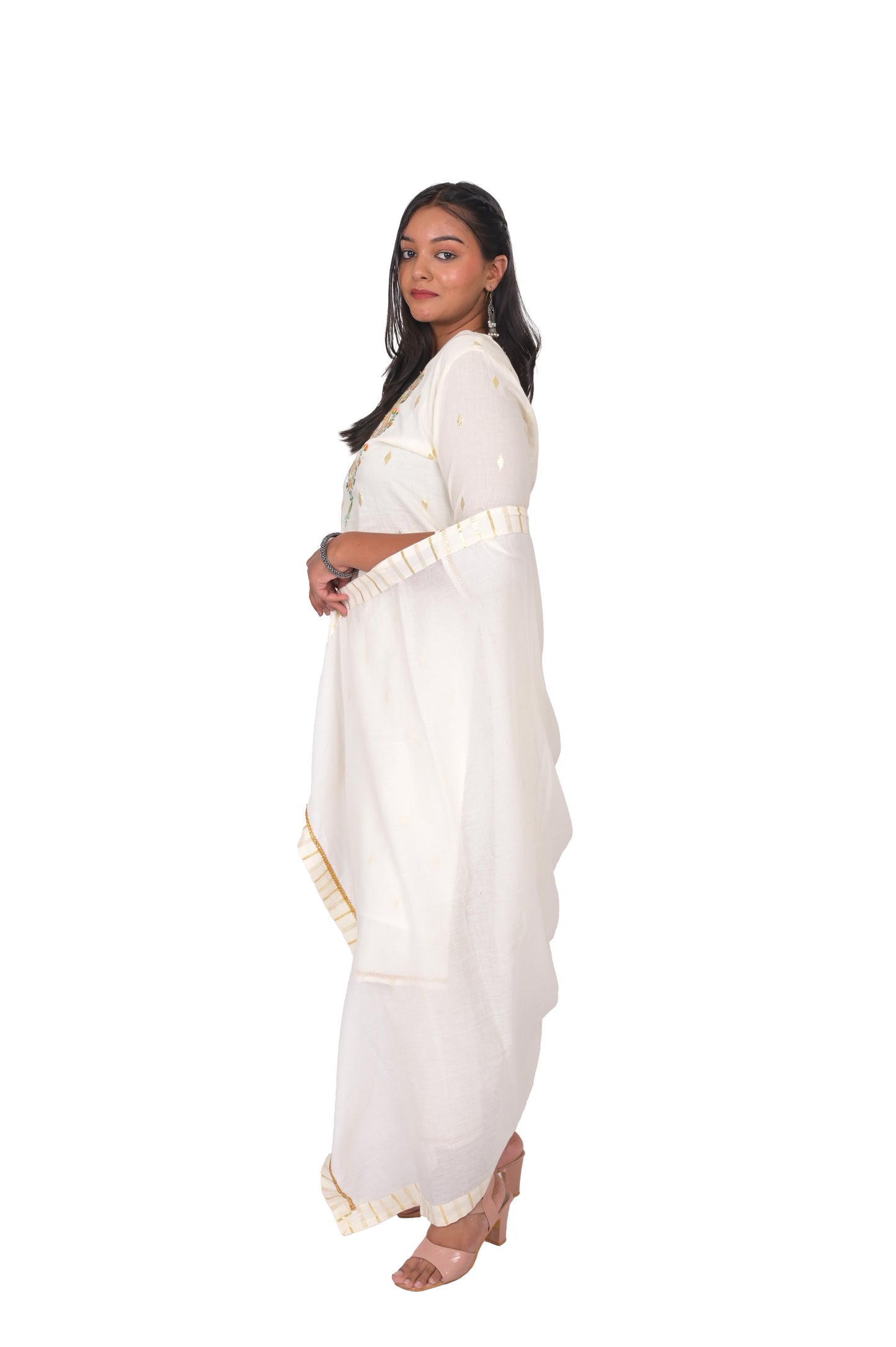 Women's Embroidered Cotton Lurex Kurta Set with Dupatta, Off-White