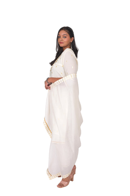 Women's Embroidered Cotton Lurex Kurta Set with Dupatta, Off-White