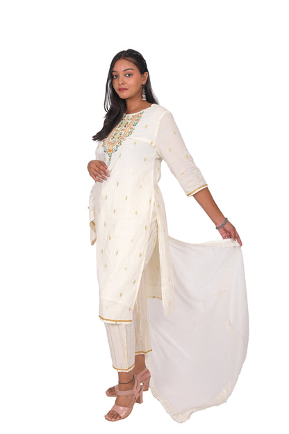 Women's Embroidered Cotton Lurex Kurta Set with Dupatta, Off-White