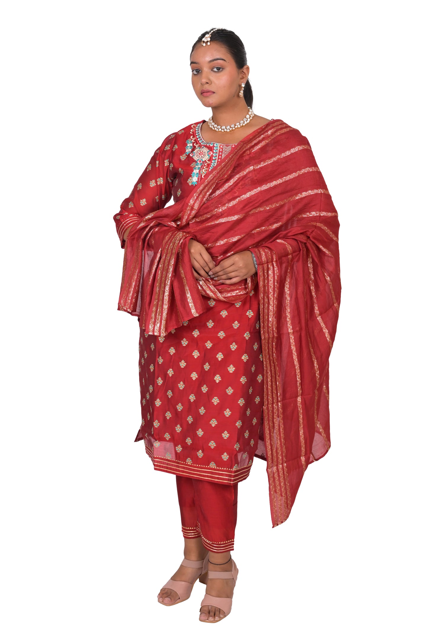 Chanderi Printed Kurta Set with Dupatta, Red