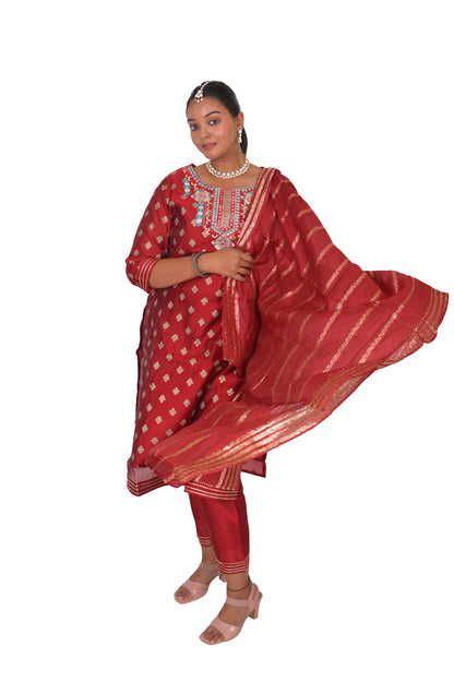 Chanderi Printed Kurta Set with Dupatta, Red