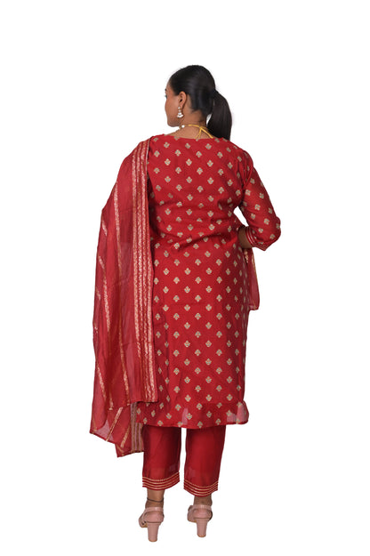 Chanderi Printed Kurta Set with Dupatta, Red