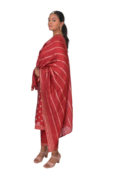 Chanderi Printed Kurta Set with Dupatta, Red