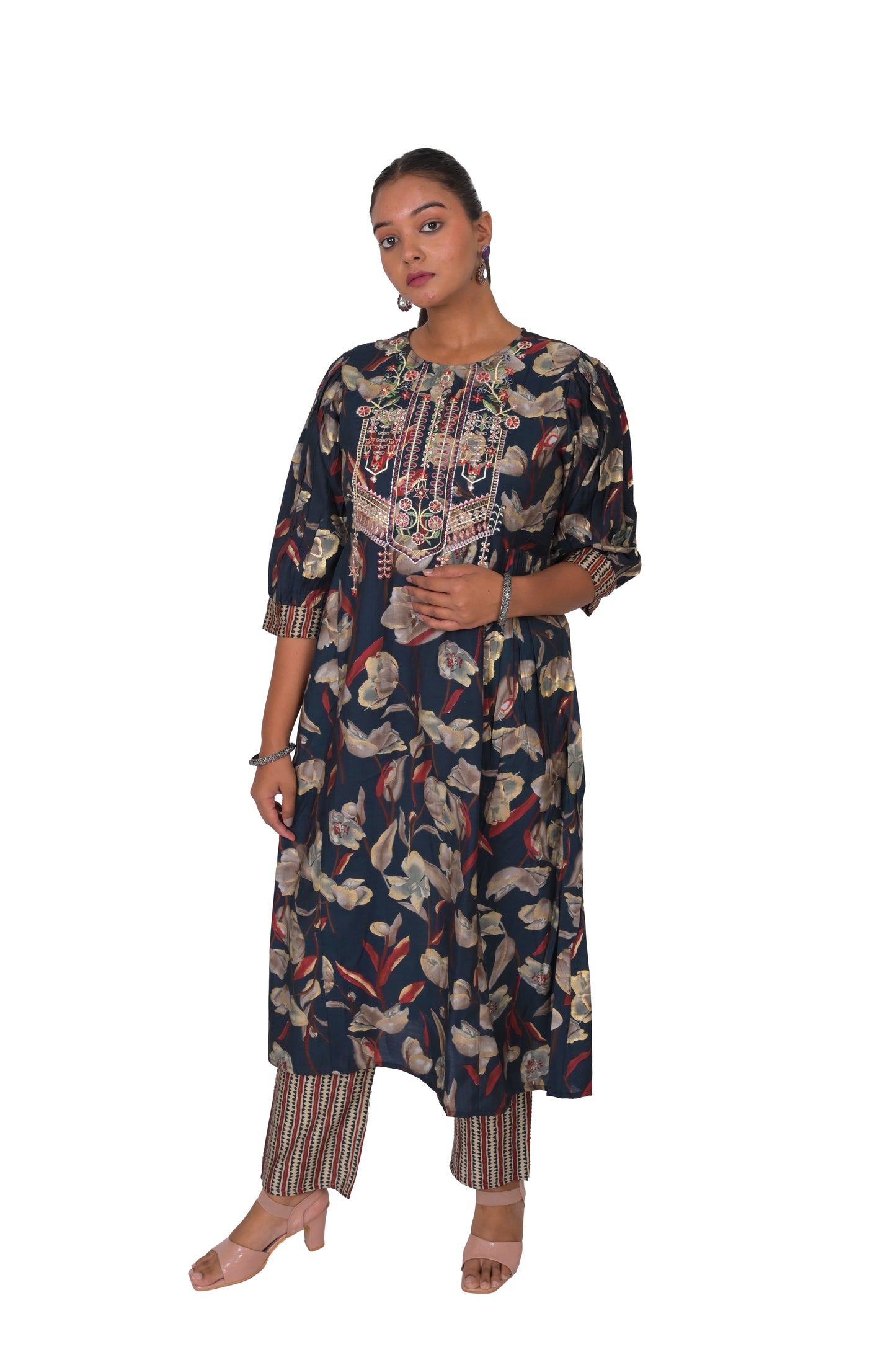 Floral Print Muslin Kurta and Pant Set, Navy Blue with Beige