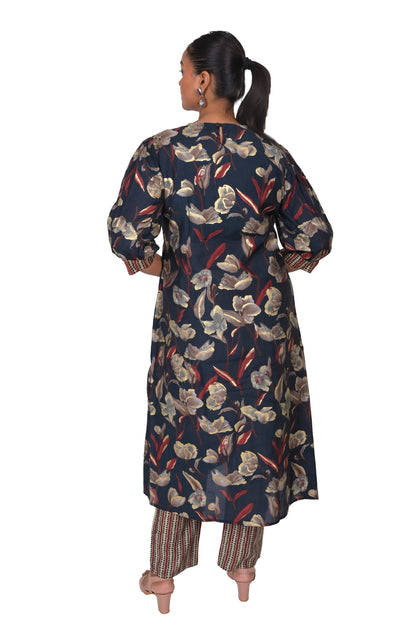 Floral Print Muslin Kurta and Pant Set, Navy Blue with Beige