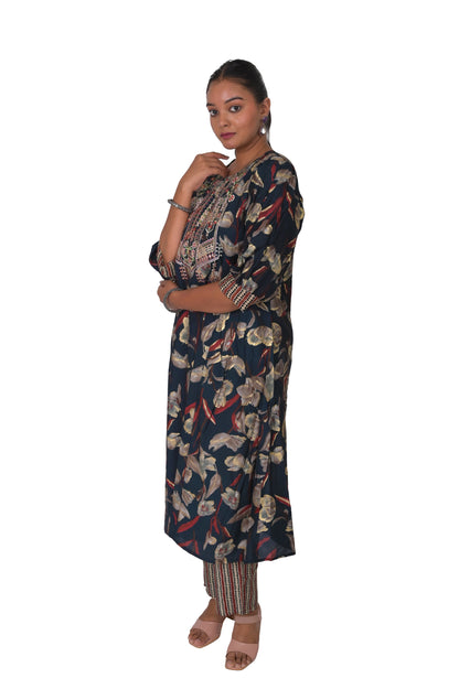 Floral Print Muslin Kurta and Pant Set, Navy Blue with Beige