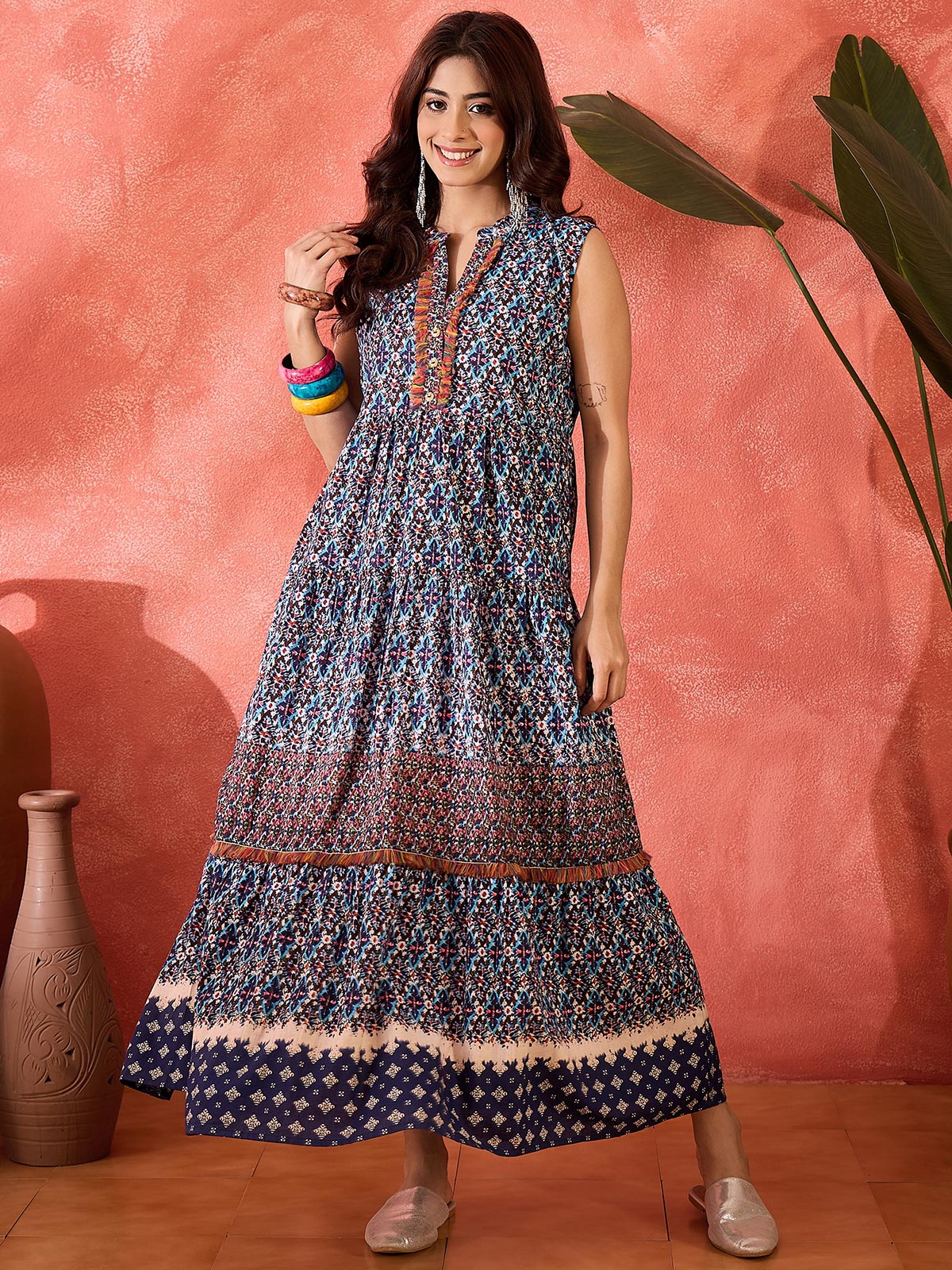 Women Tropical Printed Lace Inserts Cotton Fit and Flare Maxi Dress