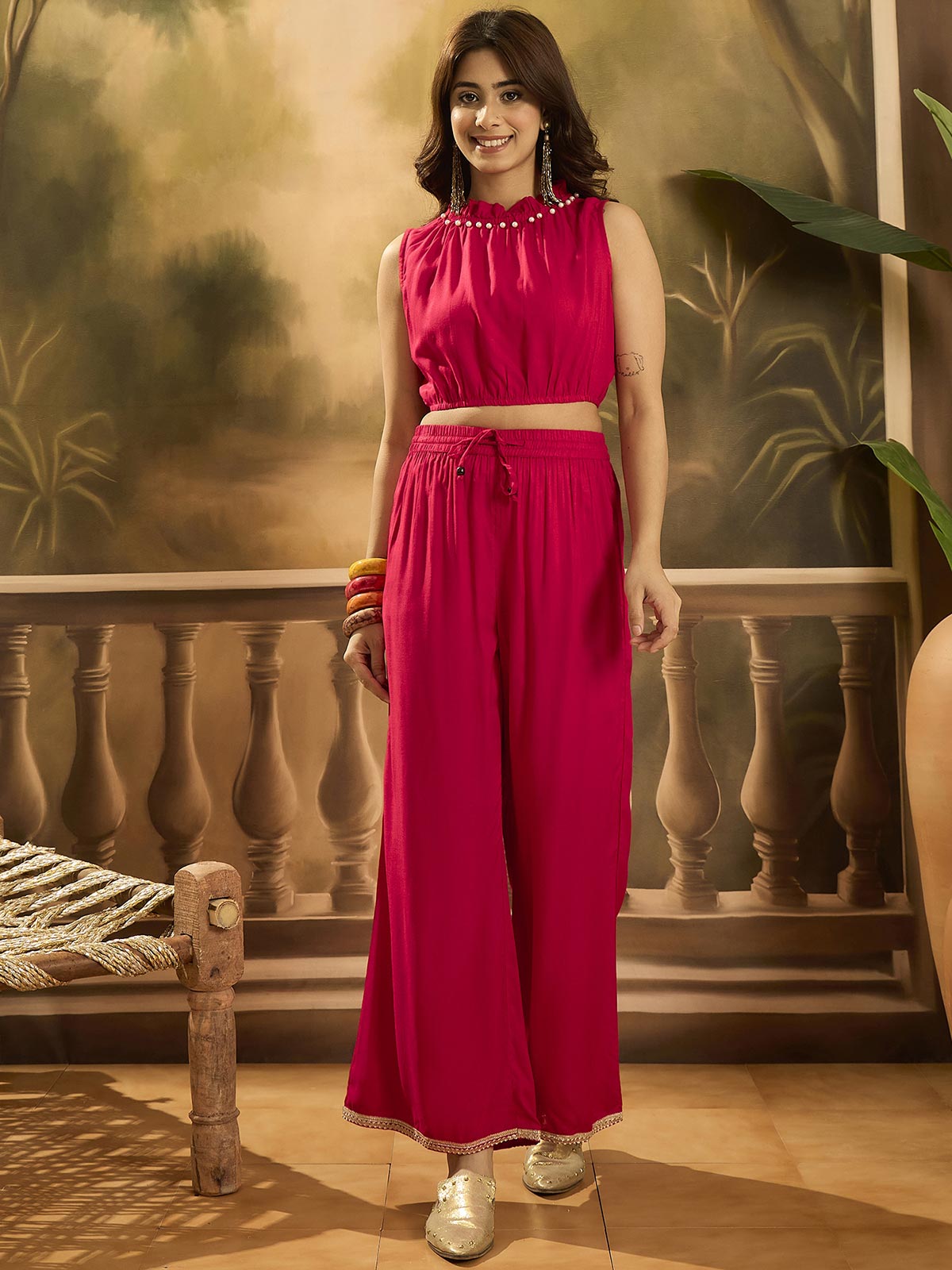 Embroidered Shrug Crop Top With Palazzos Co-Ords