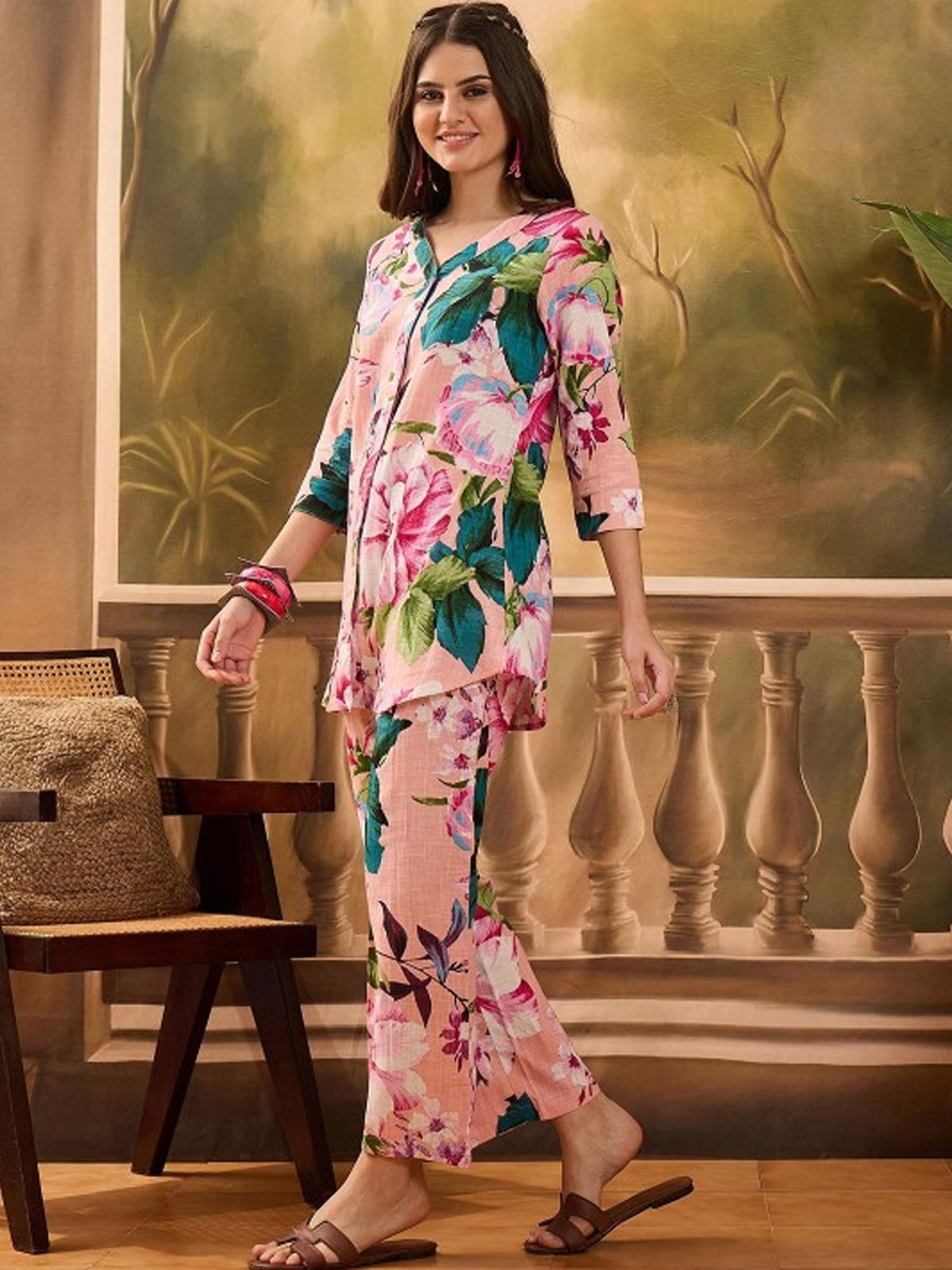 Floral Printed V Neck Pure Cotton Top & Trousers