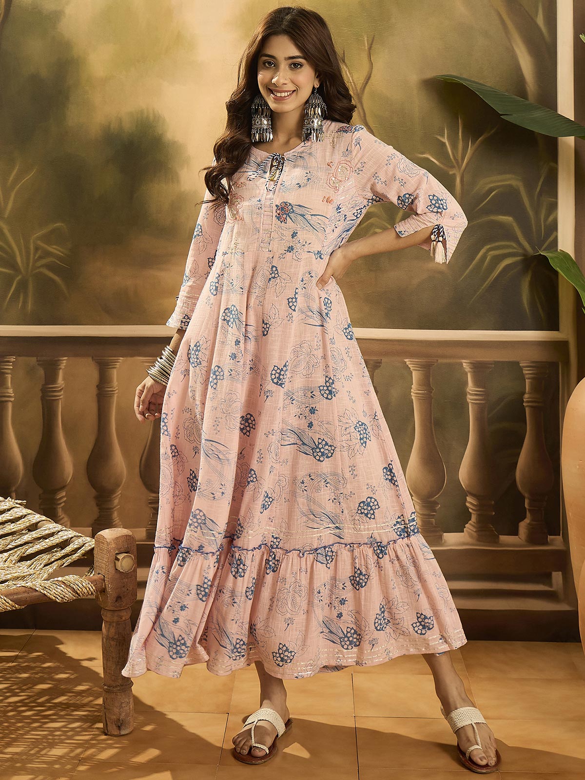 Women Floral Print Slit Sleeve Ruffled A-Line Dress