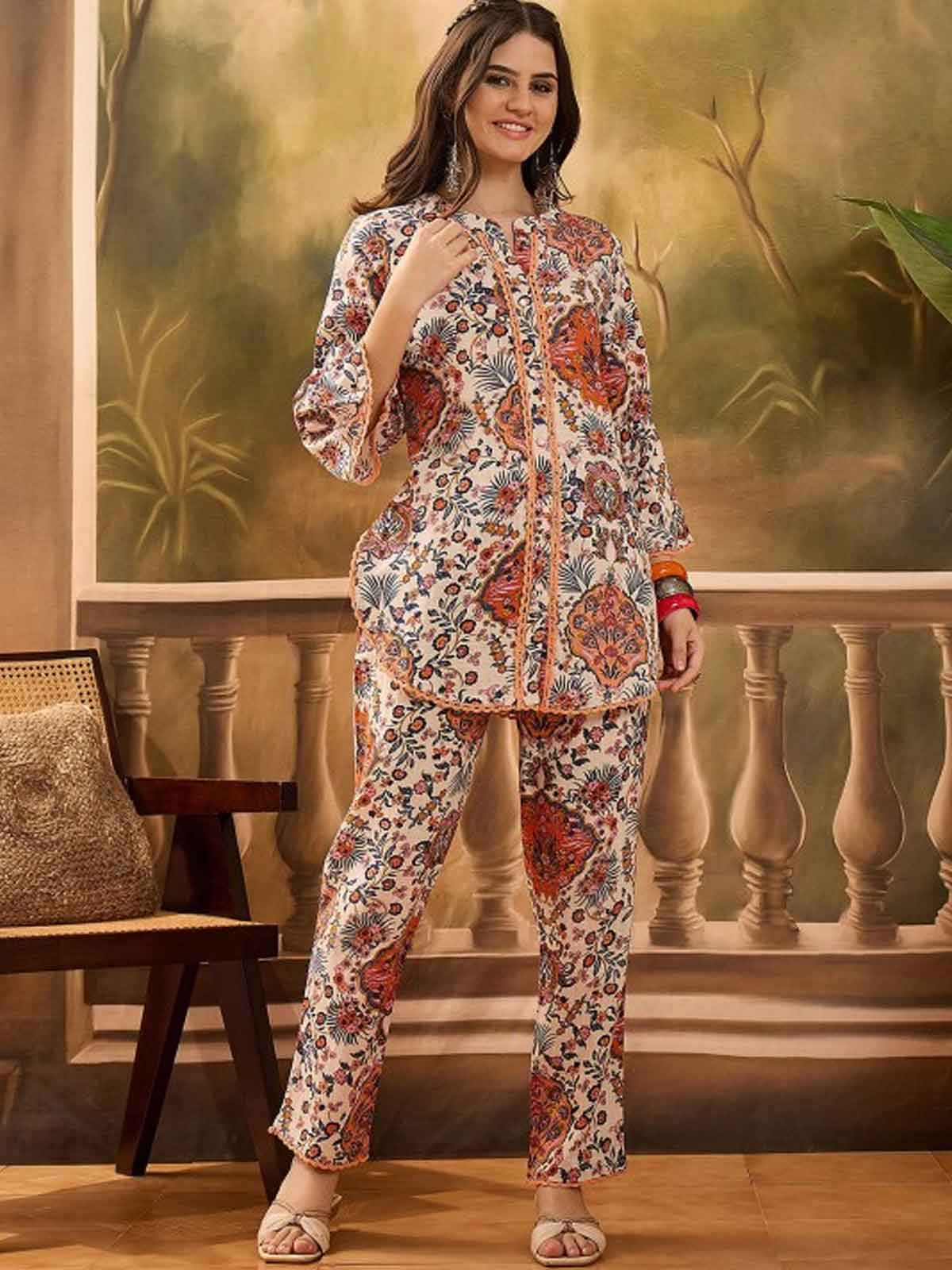 Floral Printed Mandarin Collar Pure Cotton Tunic & Trouser