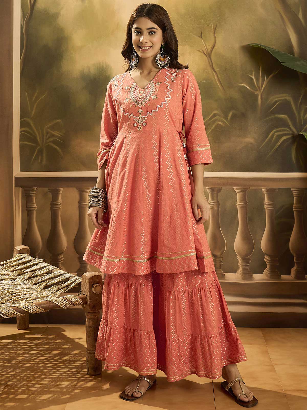 Women Ethnic Motifs Embroidered Cotton Kurta with Sharara & Dupatta