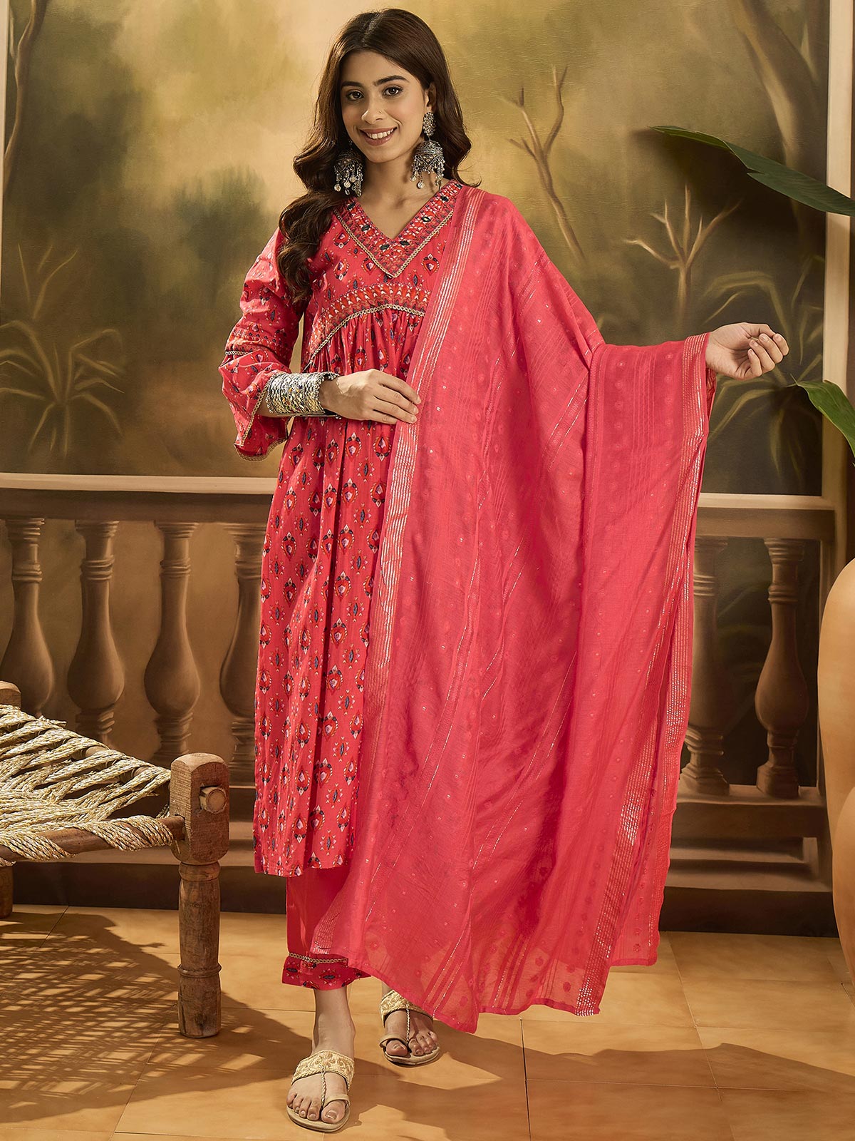 Women Ethnic Motifs Printed Cotton Kurta with Trousers & Dupatta