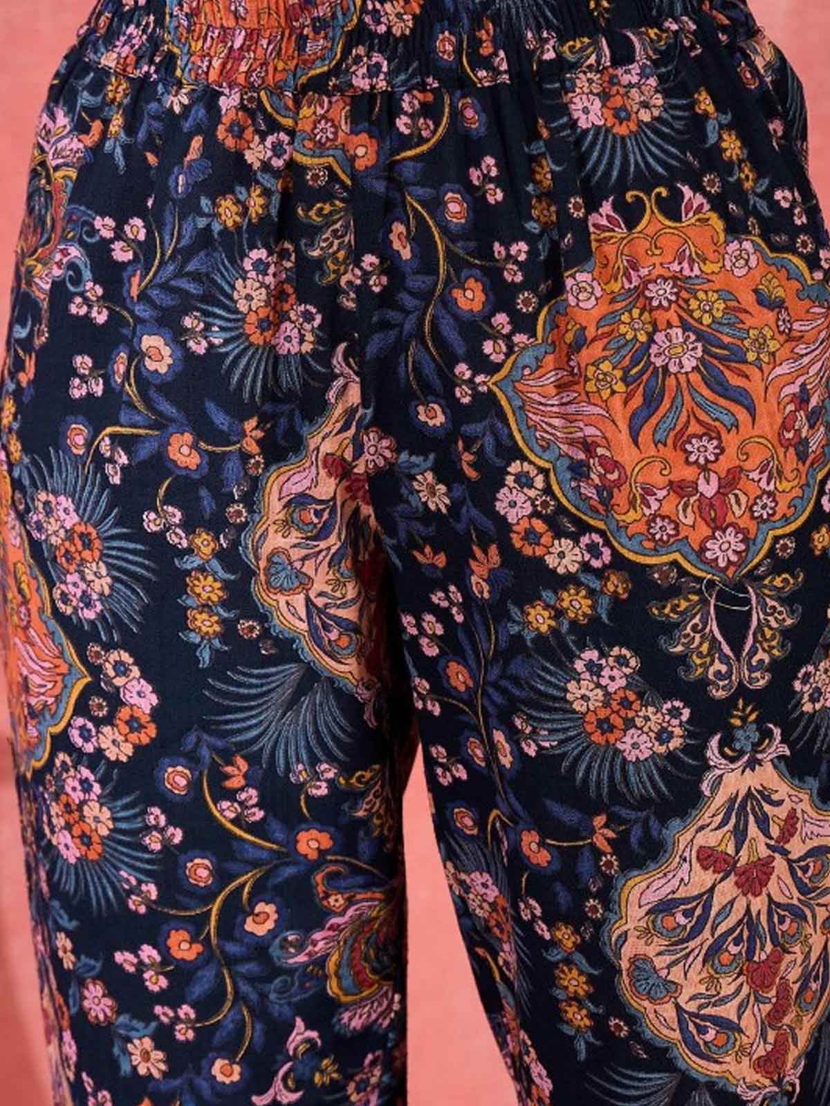 Floral Printed Mandarin Collar Pure Cotton Tunic & Trouser