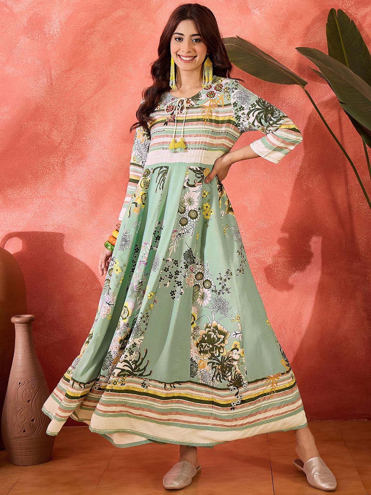 Women Printed Cotton Tie-Up Neck Maxi Dress