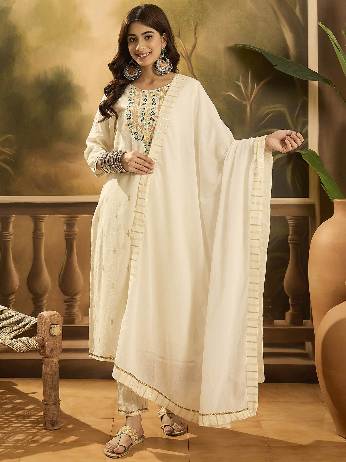 Women Solid Embroidered Cotton Kurta with Trousers & Dupatta