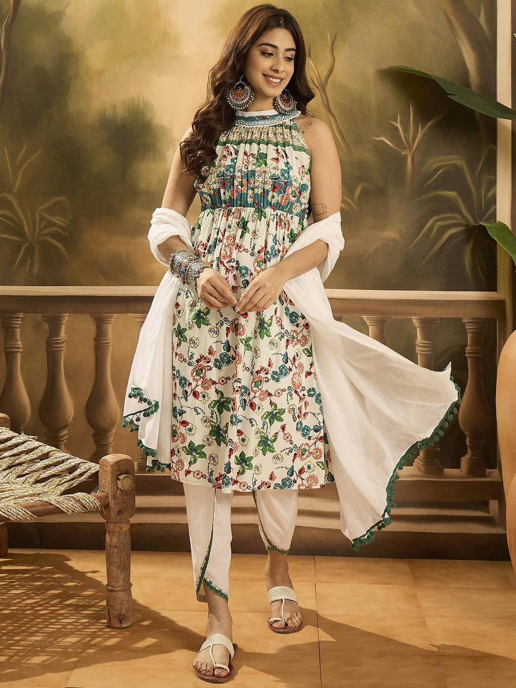 Women Floral Printed Cotton Kurta with Dhoti Pant & Dupatta