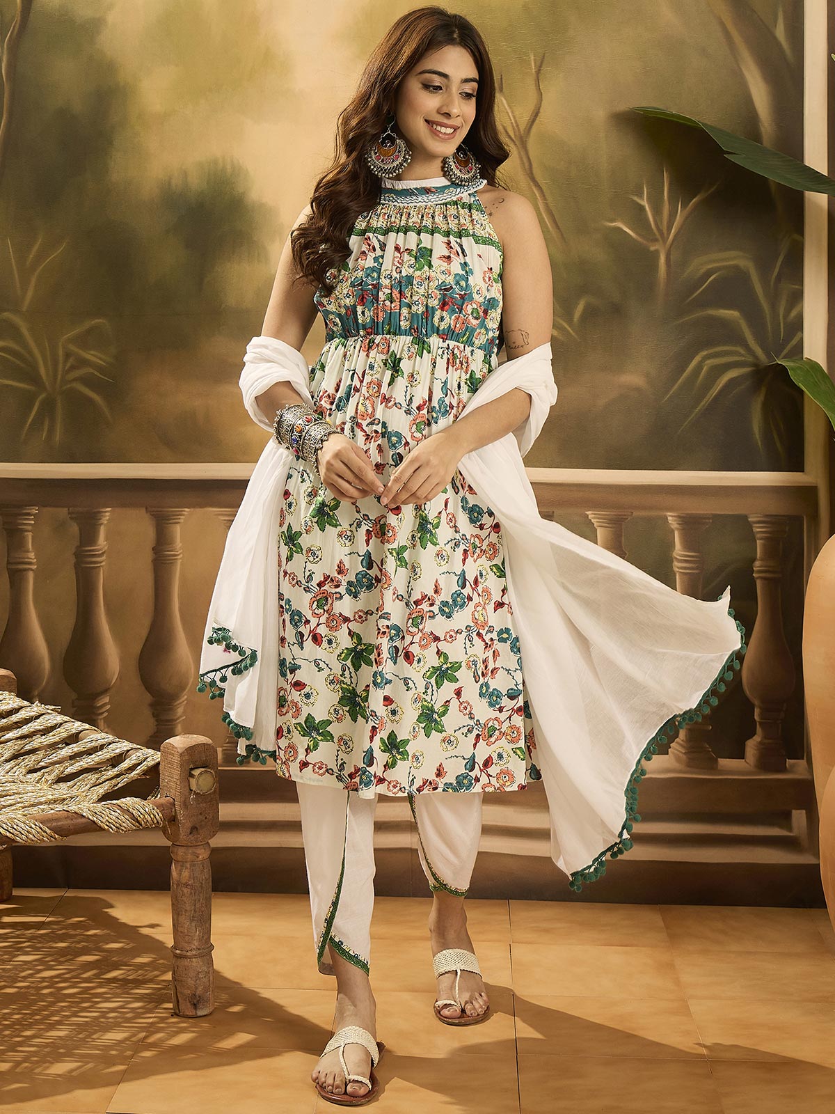 Women Floral Printed Cotton Kurta with Dhoti Pant & Dupatta