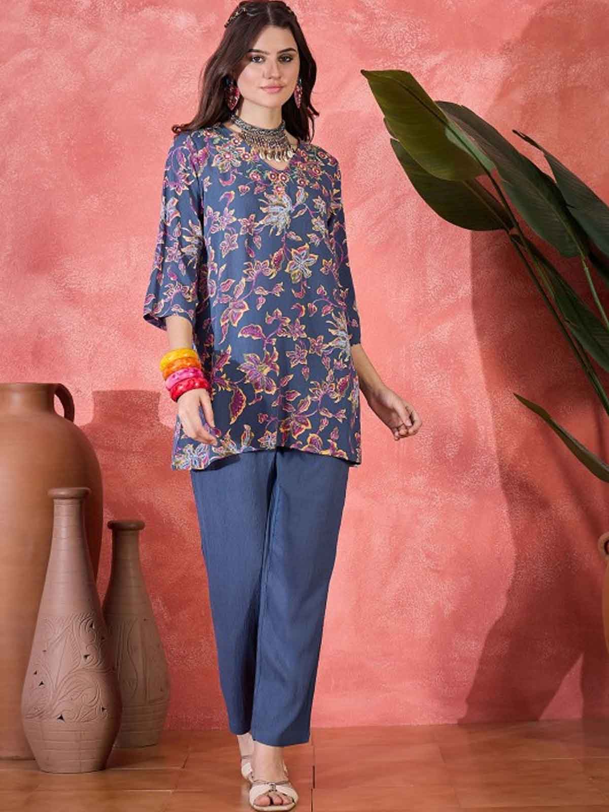 Floral Printed V-Neck Tunic & Trousers