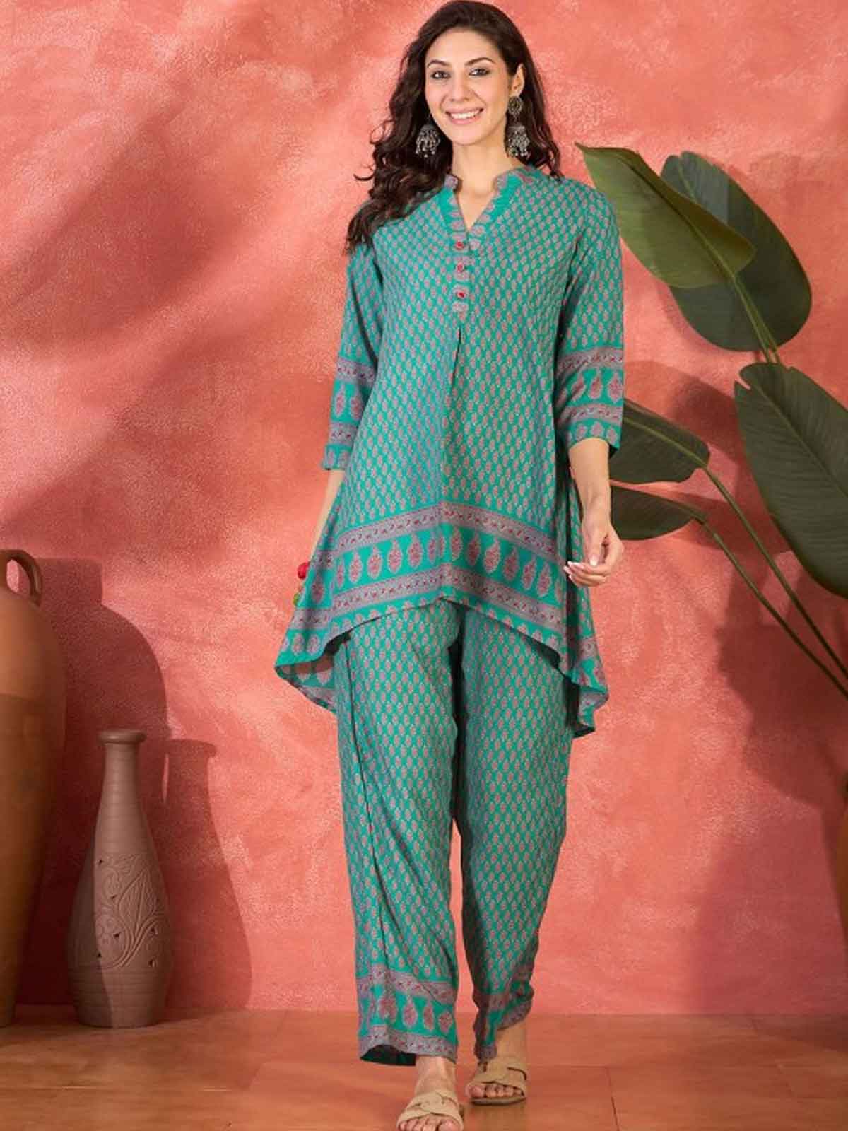 Floral Printed Mandarin Collar Tunic & Trouser