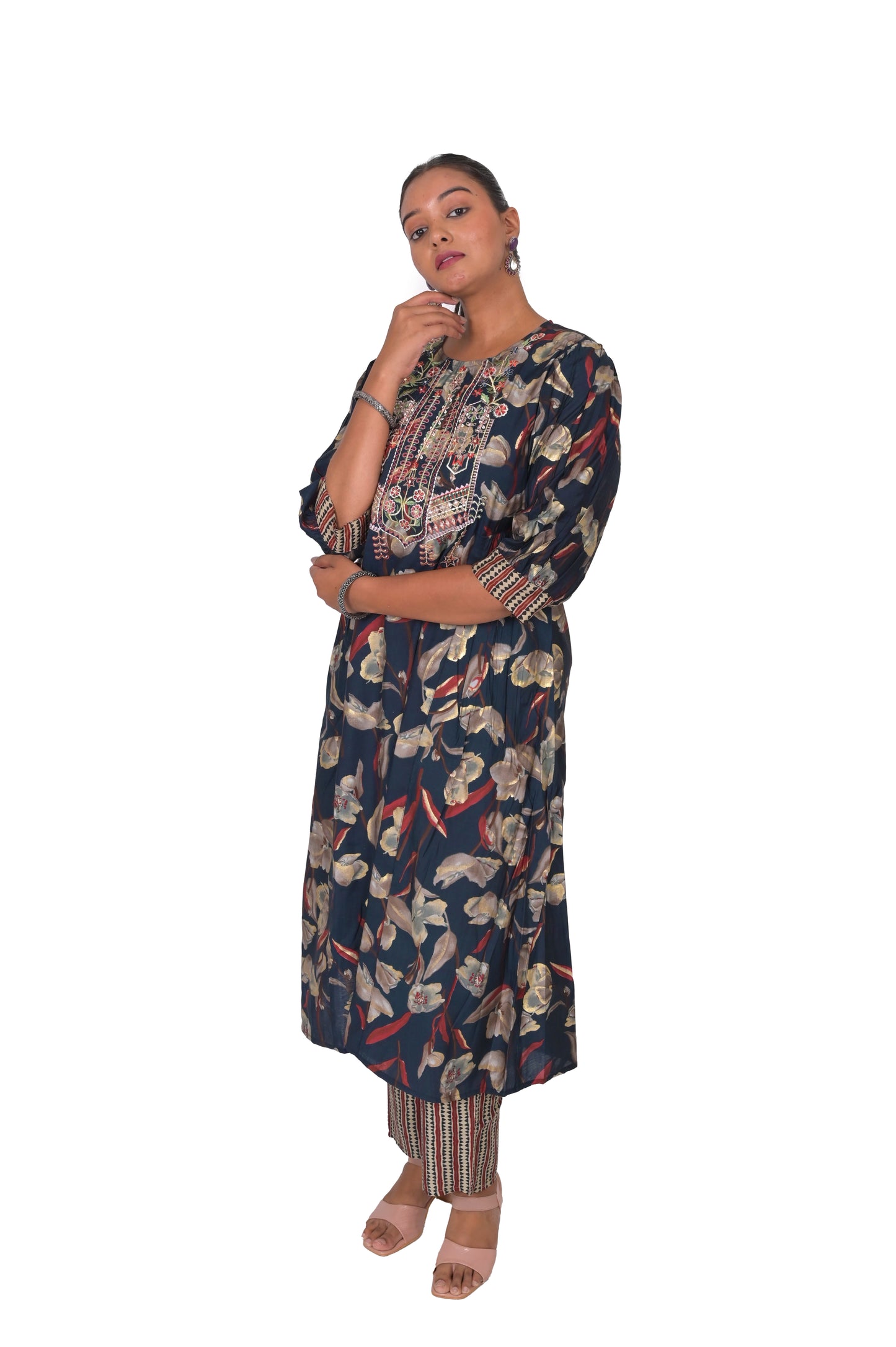 Floral Print Muslin Kurta and Pant Set, Navy Blue with Beige