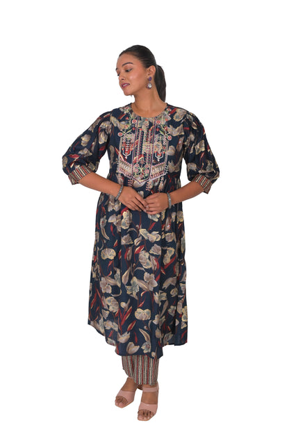 Floral Print Muslin Kurta and Pant Set, Navy Blue with Beige