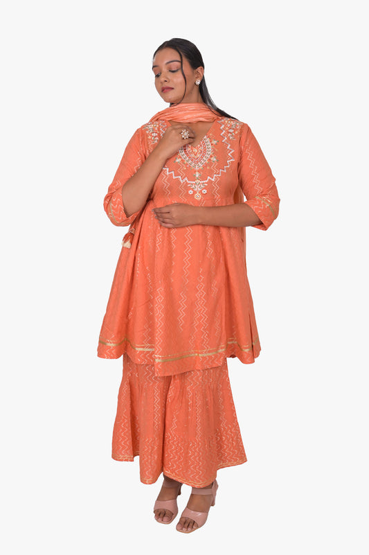 Women's Orange Embroidered Kurti Sharara Set with Dupatta