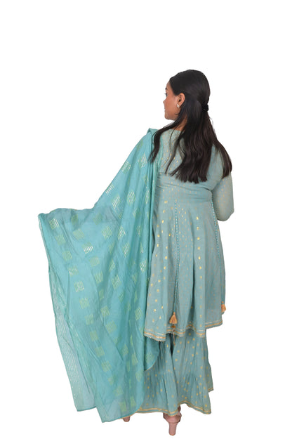 Women's Embroidered Sharara Kurta set with Dupatta, Teal