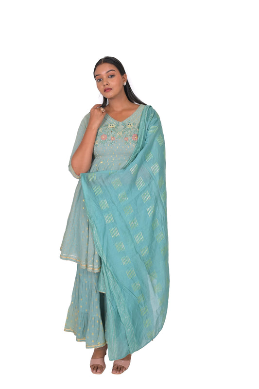 Women's Embroidered Sharara Kurta set with Dupatta, Teal