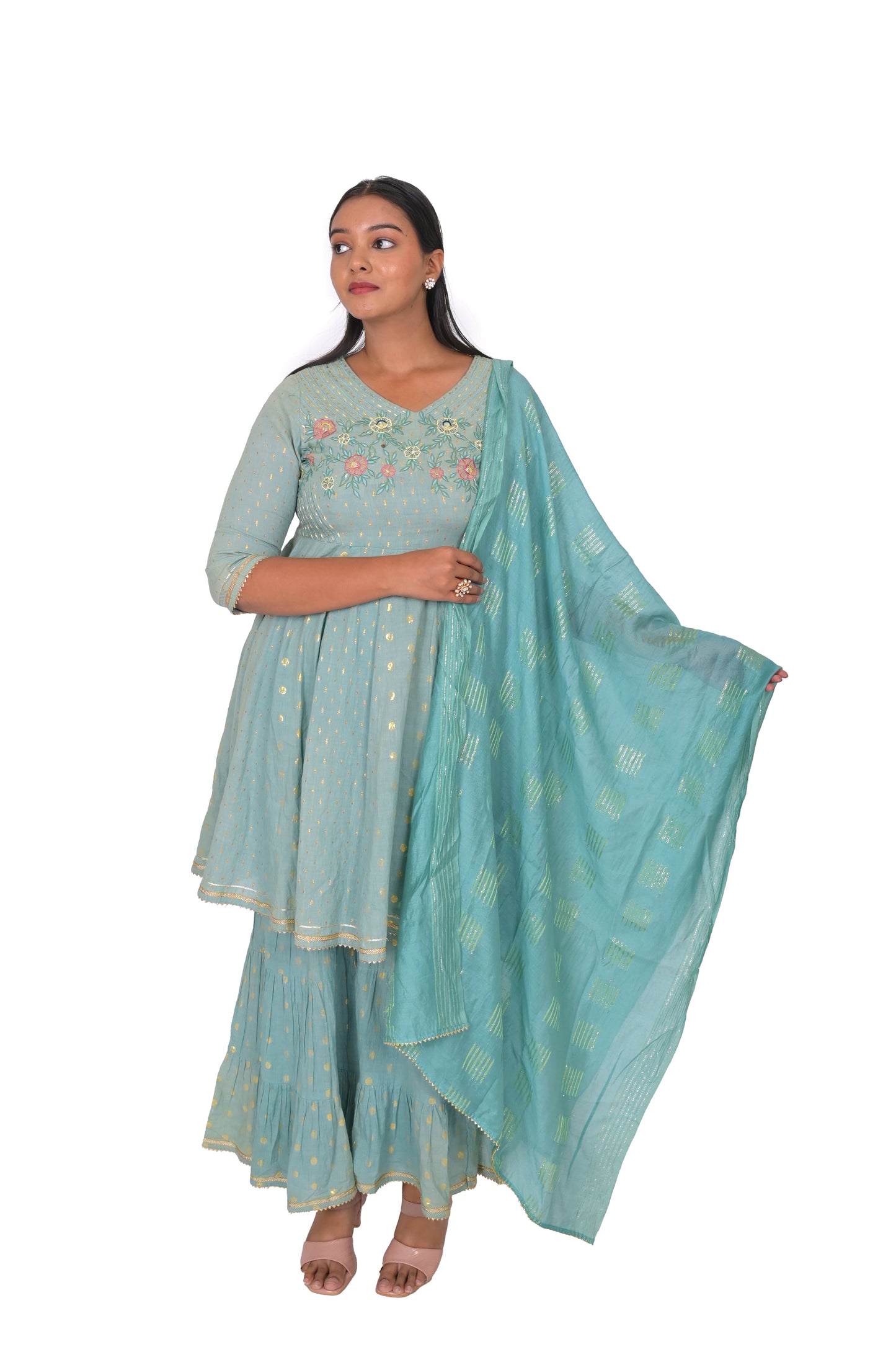 Women's Embroidered Sharara Kurta set with Dupatta, Teal