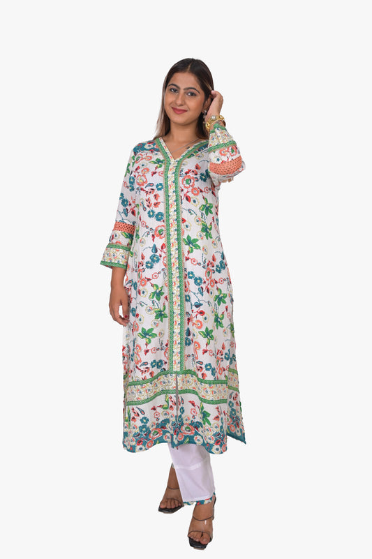 Cotton Printed Kurta Pant Set, Floral Print, Multicolour