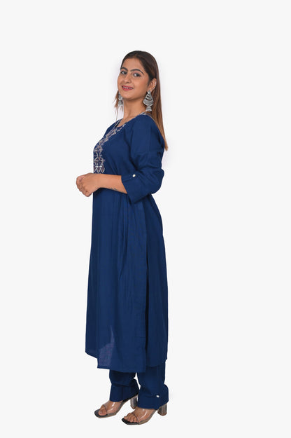 Women's Embroidered Navy Blue Rayon Kurta Pant Set