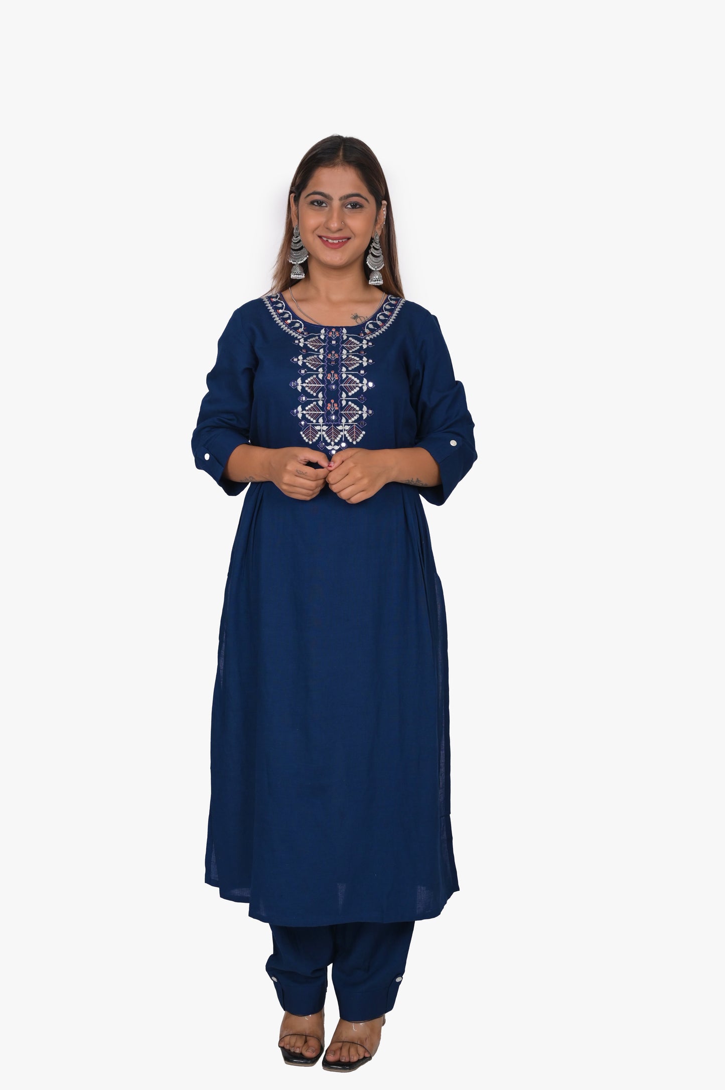 Women's Embroidered Navy Blue Rayon Kurta Pant Set