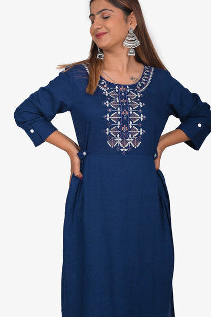 Women's Embroidered Navy Blue Rayon Kurta Pant Set