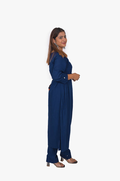 Women's Embroidered Navy Blue Rayon Kurta Pant Set