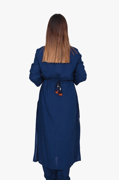 Women's Embroidered Navy Blue Rayon Kurta Pant Set