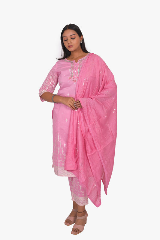 Women's Pink Cotton Kurta Set with Embroidery and Sequins, 3-Piece