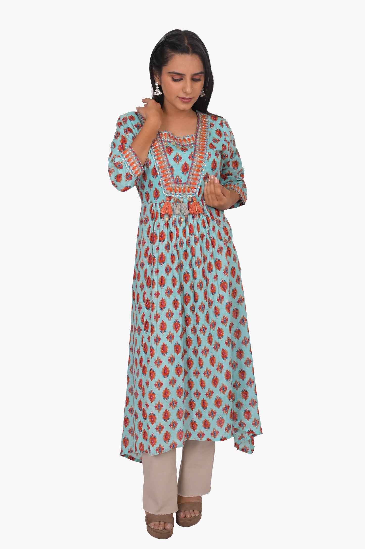 Cotton Kurta Pant Set, Printed Aqua Blue with Red Pattern, Full Sleeves