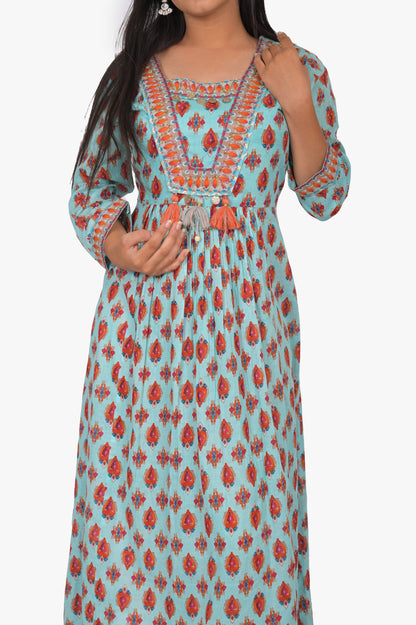 Cotton Kurta Pant Set, Printed Aqua Blue with Red Pattern, Full Sleeves