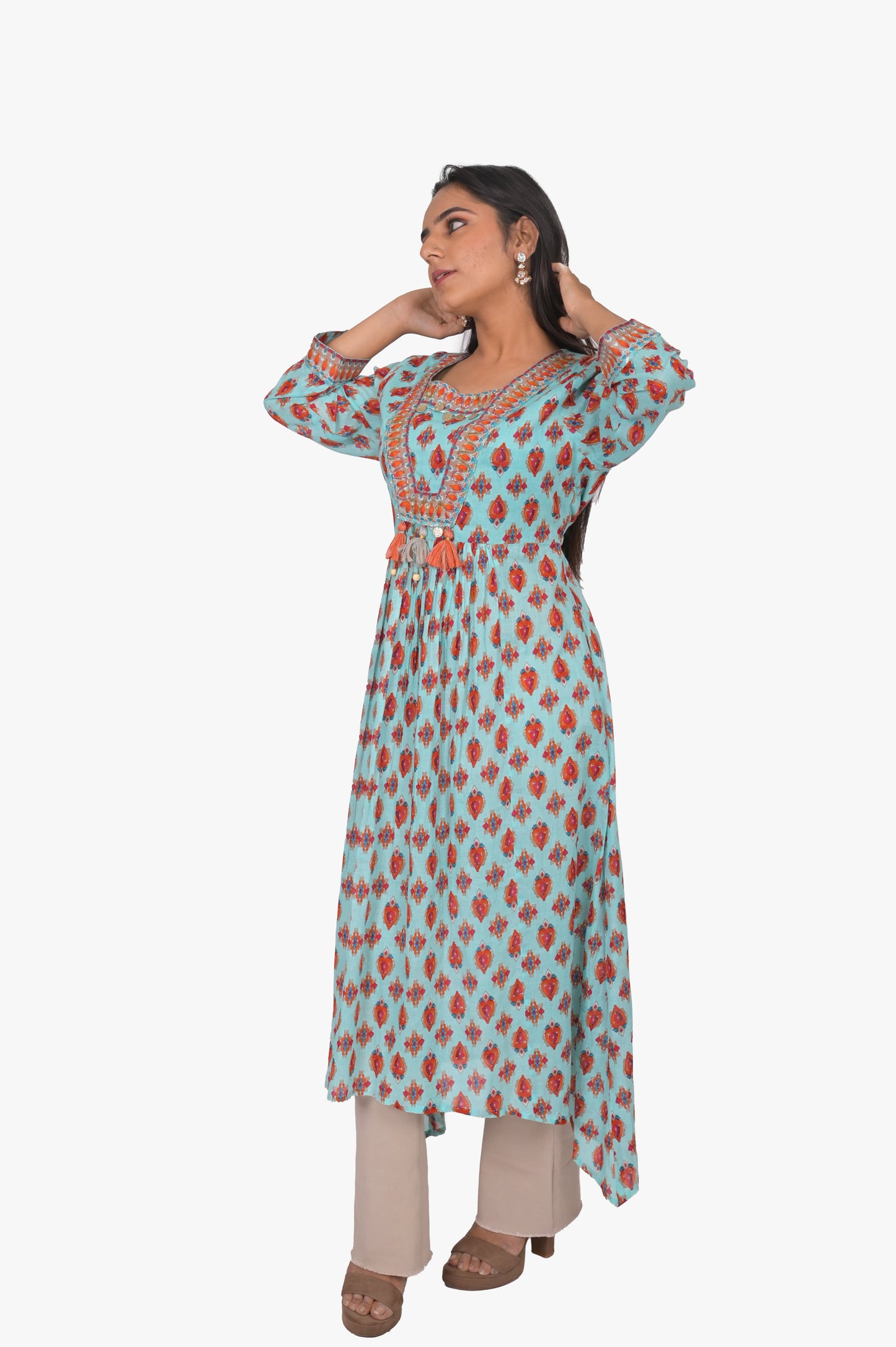 Cotton Kurta Pant Set, Printed Aqua Blue with Red Pattern, Full Sleeves