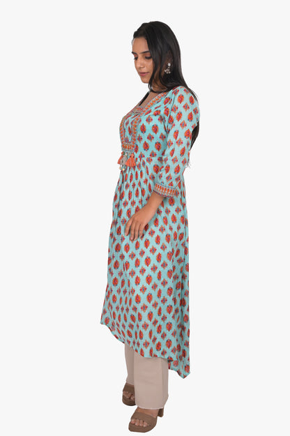 Cotton Kurta Pant Set, Printed Aqua Blue with Red Pattern, Full Sleeves