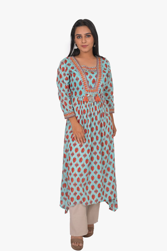 Cotton Kurta Pant Set, Printed Aqua Blue with Red Pattern, Full Sleeves