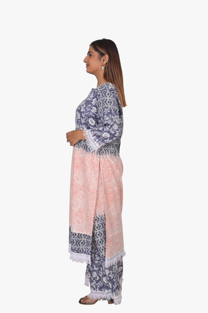 Viscose Kurta Pant Set, Floral Print, Navy Blue and Pink